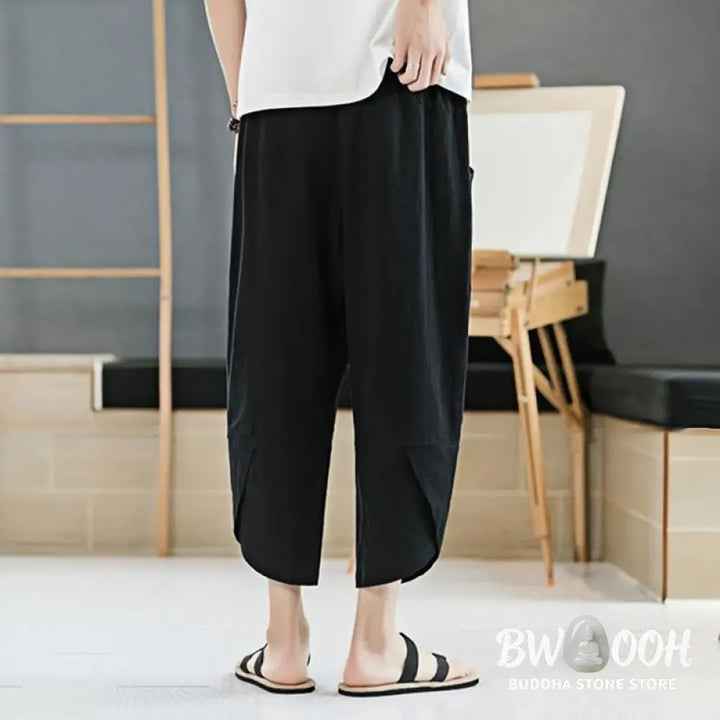 Buddha Stones Summer Men’s Solid Color 7-8 Length Cotton Linen Drawstring Pants With Pockets - Men’s Pants