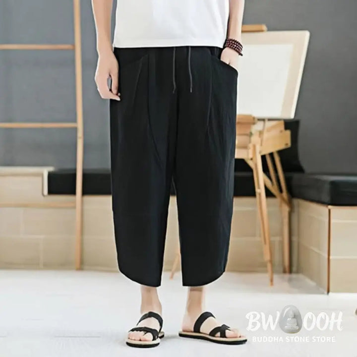 Buddha Stones Summer Men’s Solid Color 7-8 Length Cotton Linen Drawstring Pants With Pockets - Men’s Pants