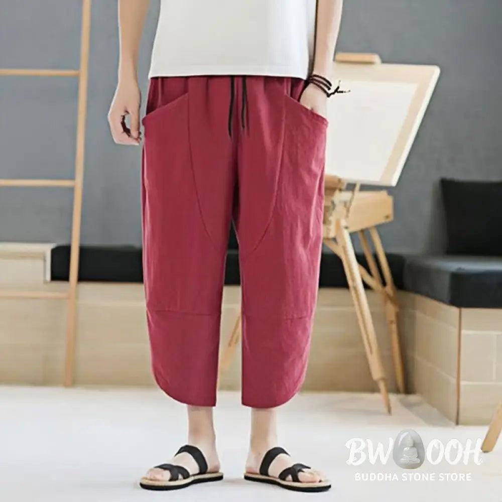 Buddha Stones Summer Men’s Solid Color 7-8 Length Cotton Linen Drawstring Pants With Pockets - Men’s Pants