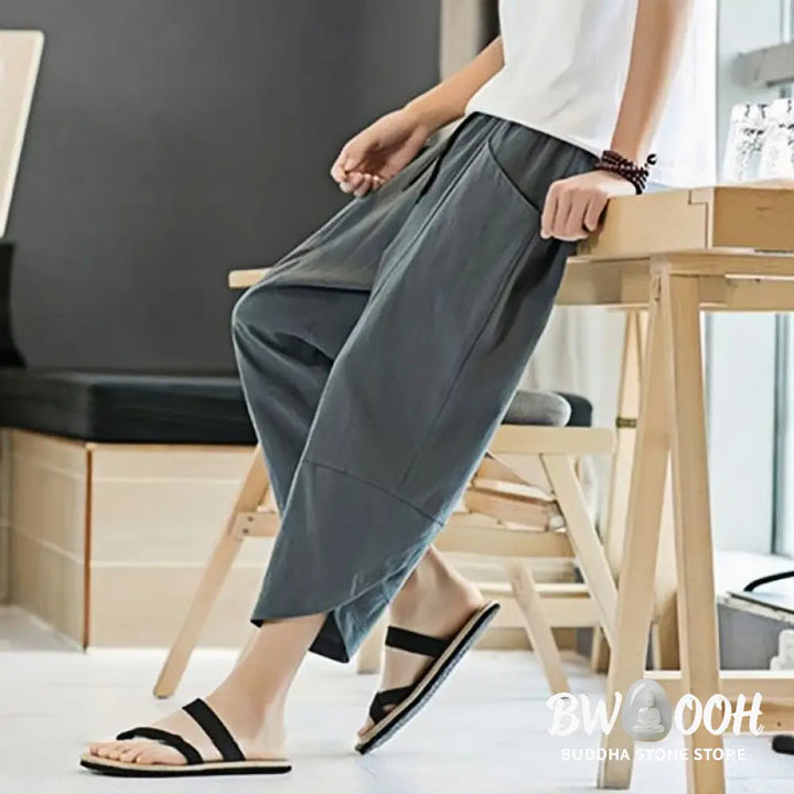 Buddha Stones Summer Men’s Solid Color 7-8 Length Cotton Linen Drawstring Pants With Pockets - Men’s Pants
