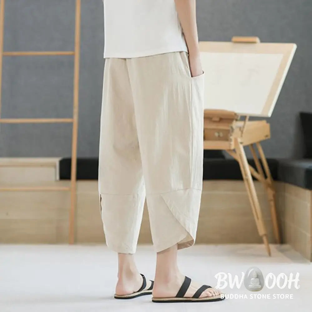 Buddha Stones Summer Men’s Solid Color 7-8 Length Cotton Linen Drawstring Pants With Pockets - Men’s Pants