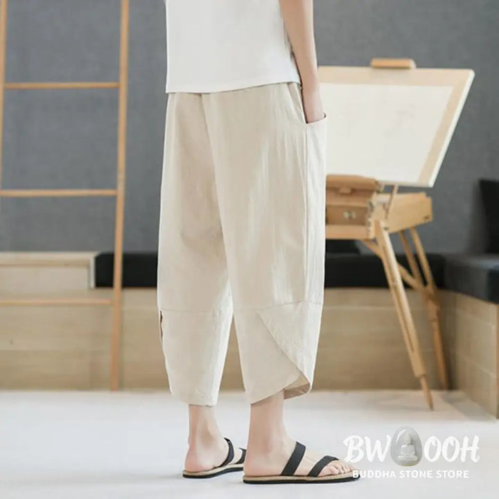 Buddha Stones Summer Men’s Solid Color 7-8 Length Cotton Linen Drawstring Pants With Pockets - Men’s Pants
