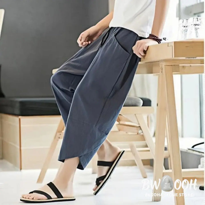 Buddha Stones Summer Men’s Solid Color 7-8 Length Cotton Linen Drawstring Pants With Pockets - Men’s Pants