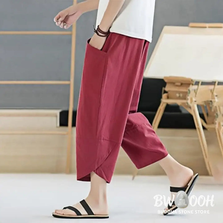 Buddha Stones Summer Men’s Solid Color 7-8 Length Cotton Linen Drawstring Pants With Pockets - Men’s Pants