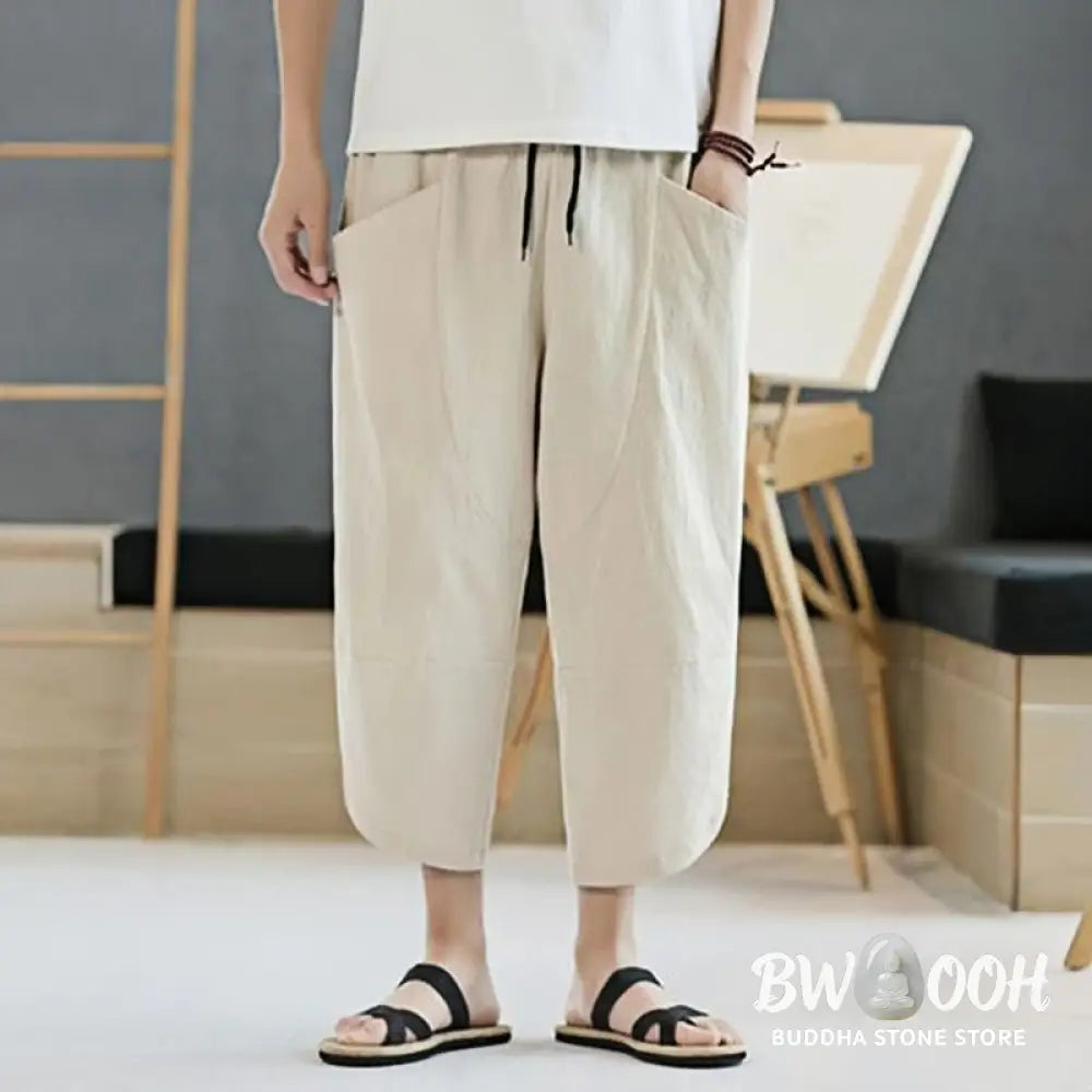 Buddha Stones Summer Men’s Solid Color 7-8 Length Cotton Linen Drawstring Pants With Pockets - Men’s Pants