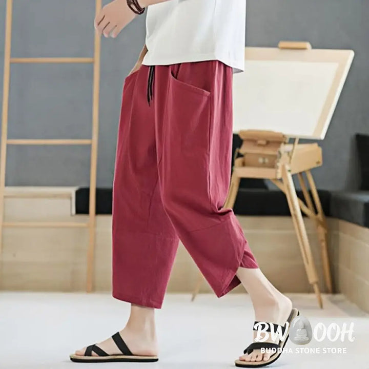 Buddha Stones Summer Men’s Solid Color 7-8 Length Cotton Linen Drawstring Pants With Pockets - Men’s Pants