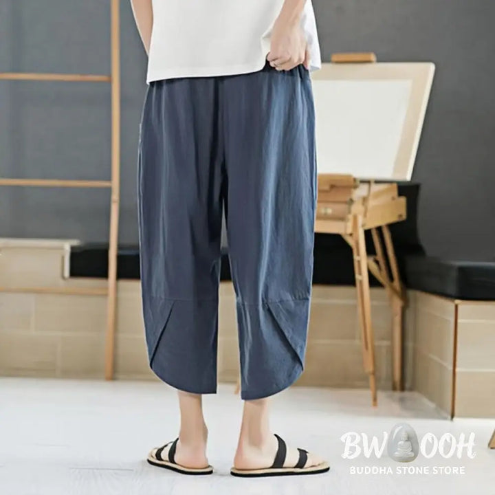 Buddha Stones Summer Men’s Solid Color 7-8 Length Cotton Linen Drawstring Pants With Pockets - Men’s Pants