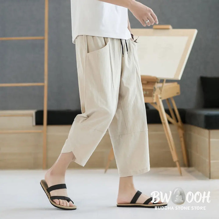 Buddha Stones Summer Men’s Solid Color 7-8 Length Cotton Linen Drawstring Pants With Pockets - Men’s Pants