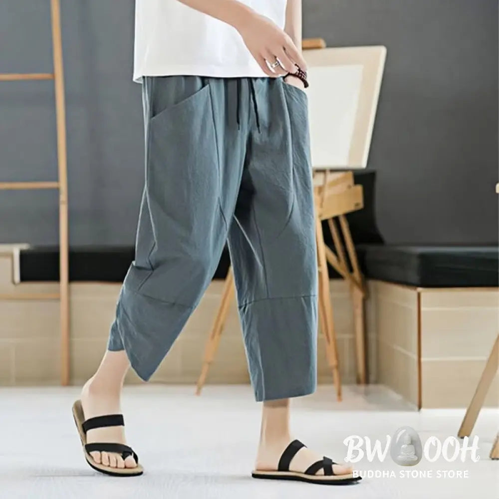 Buddha Stones Summer Men’s Solid Color 7-8 Length Cotton Linen Drawstring Pants With Pockets - Men’s Pants
