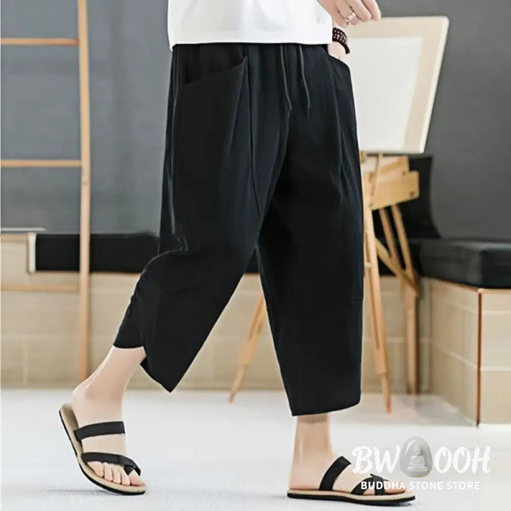 Buddha Stones Summer Men’s Solid Color 7-8 Length Cotton Linen Drawstring Pants With Pockets - Men’s Pants