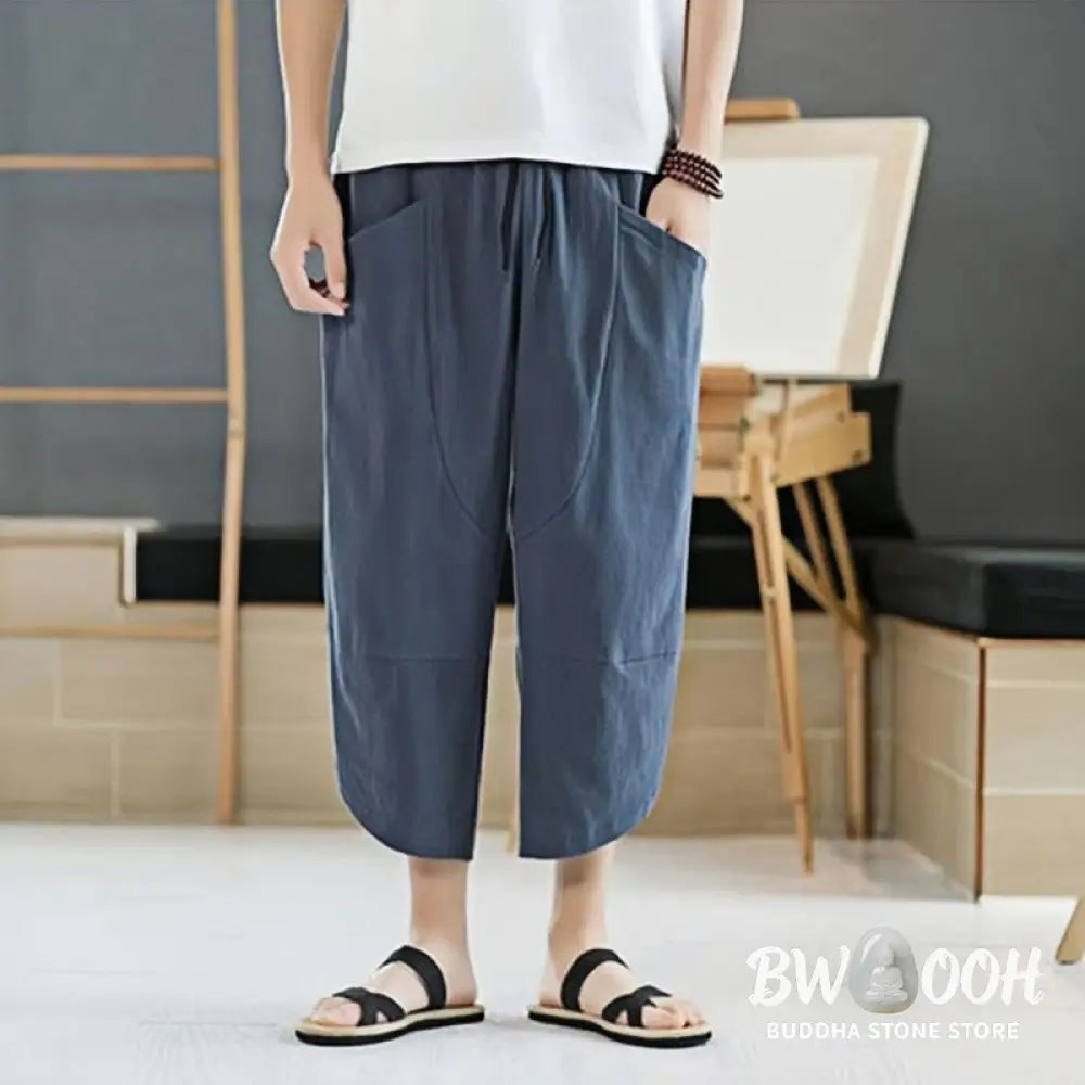Buddha Stones Summer Men’s Solid Color 7-8 Length Cotton Linen Drawstring Pants With Pockets - Men’s Pants