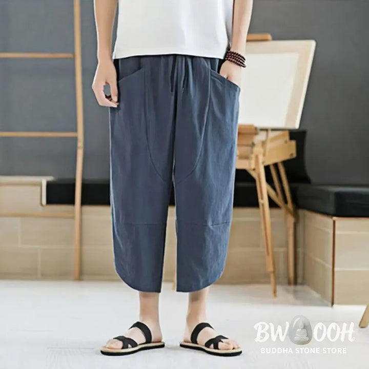 Buddha Stones Summer Men’s Solid Color 7-8 Length Cotton Linen Drawstring Pants With Pockets - Men’s Pants