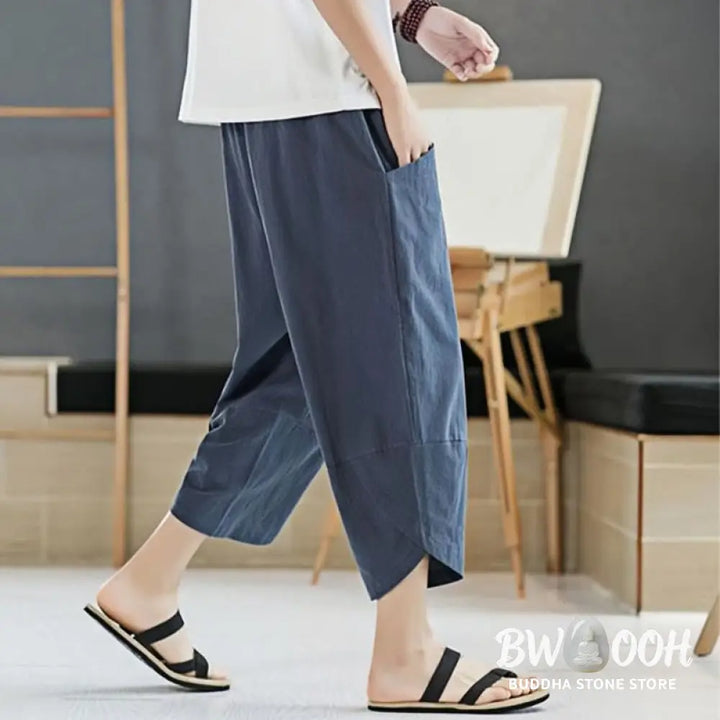 Buddha Stones Summer Men’s Solid Color 7-8 Length Cotton Linen Drawstring Pants With Pockets - Men’s Pants