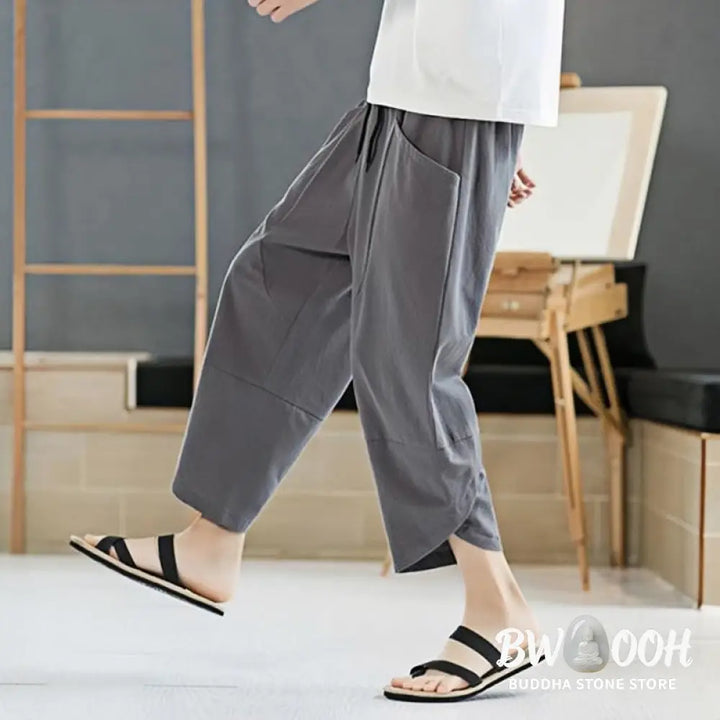 Buddha Stones Summer Men’s Solid Color 7-8 Length Cotton Linen Drawstring Pants With Pockets - Men’s Pants