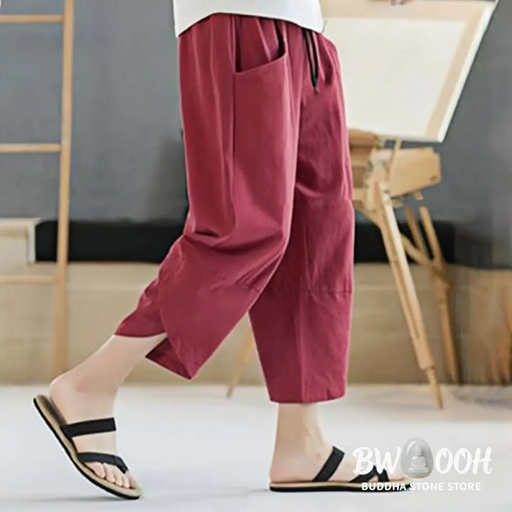 Buddha Stones Summer Men’s Solid Color 7-8 Length Cotton Linen Drawstring Pants With Pockets - Men’s Pants