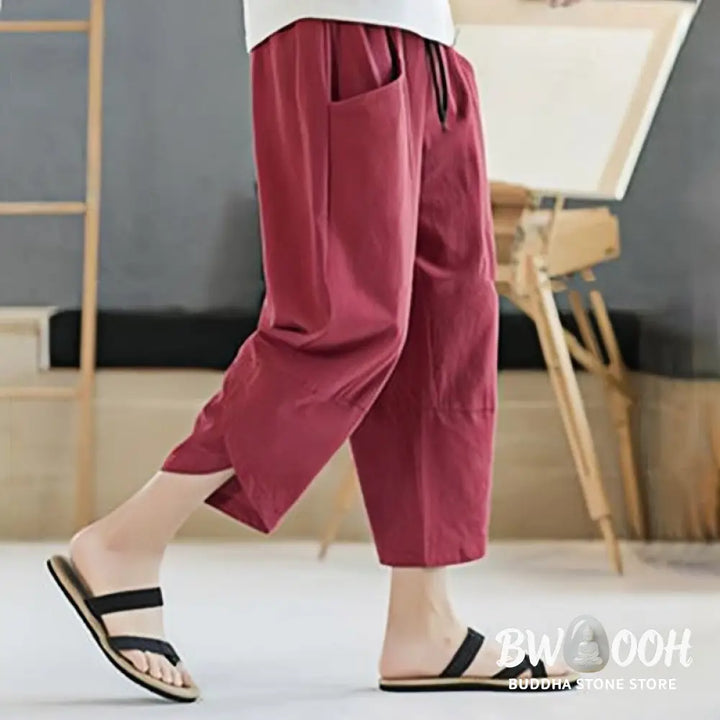 Buddha Stones Summer Men’s Solid Color 7-8 Length Cotton Linen Drawstring Pants With Pockets - Men’s Pants