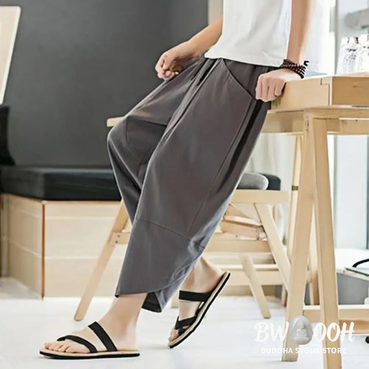 Buddha Stones Summer Men’s Solid Color 7-8 Length Cotton Linen Drawstring Pants With Pockets - Men’s Pants