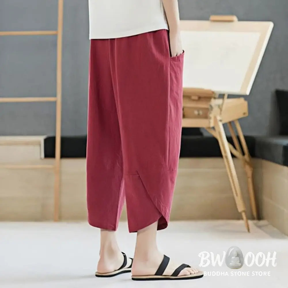 Buddha Stones Summer Men’s Solid Color 7-8 Length Cotton Linen Drawstring Pants With Pockets - Men’s Pants