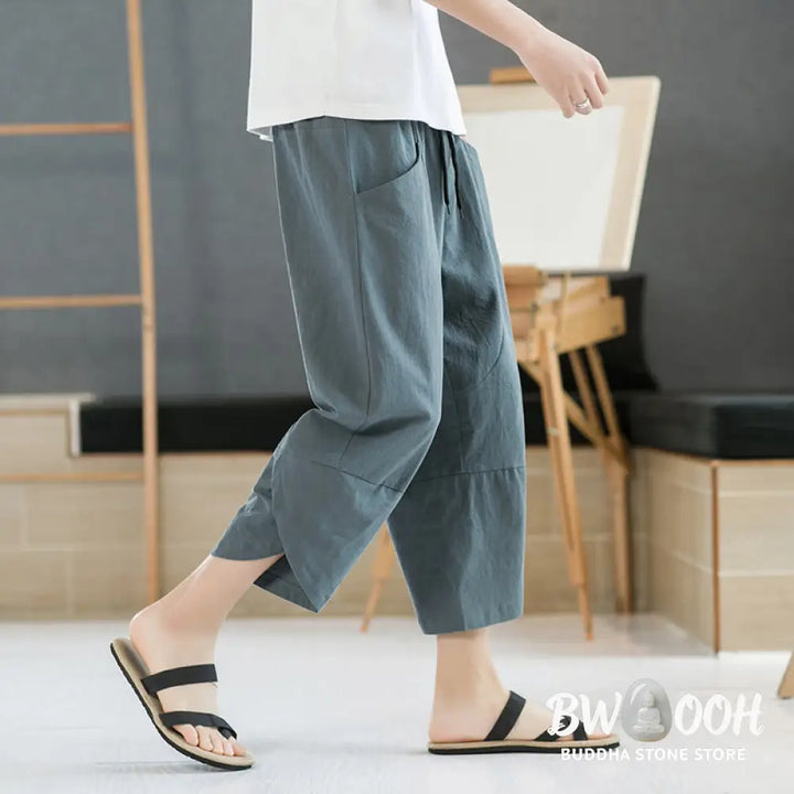 Buddha Stones Summer Men’s Solid Color 7-8 Length Cotton Linen Drawstring Pants With Pockets - Men’s Pants