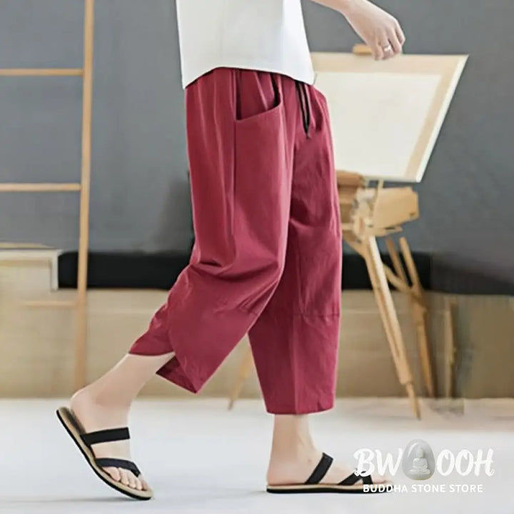 Buddha Stones Summer Men’s Solid Color 7-8 Length Cotton Linen Drawstring Pants With Pockets - Men’s Pants