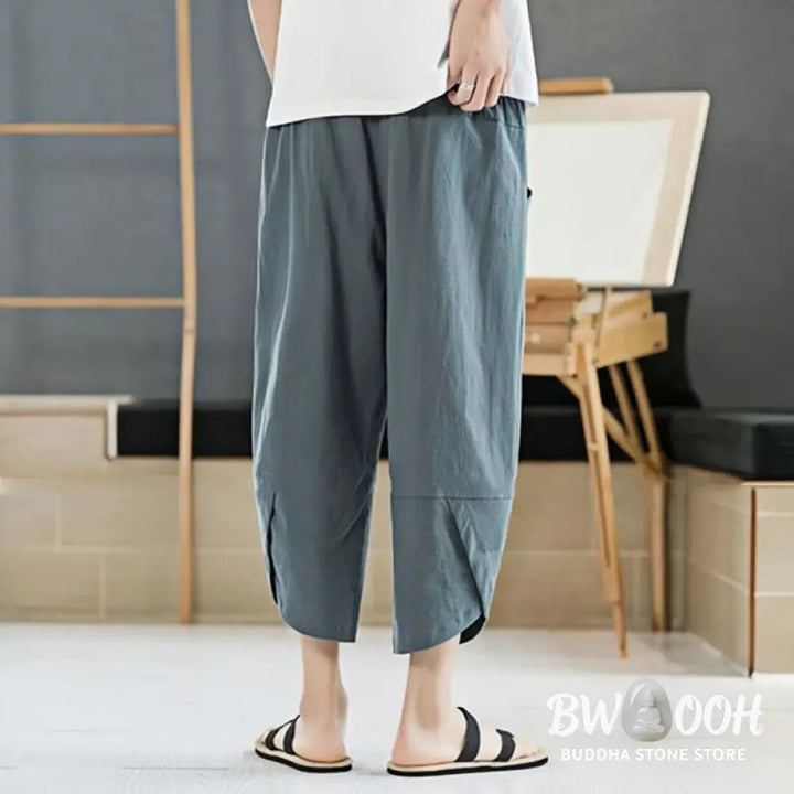 Buddha Stones Summer Men’s Solid Color 7-8 Length Cotton Linen Drawstring Pants With Pockets - Men’s Pants
