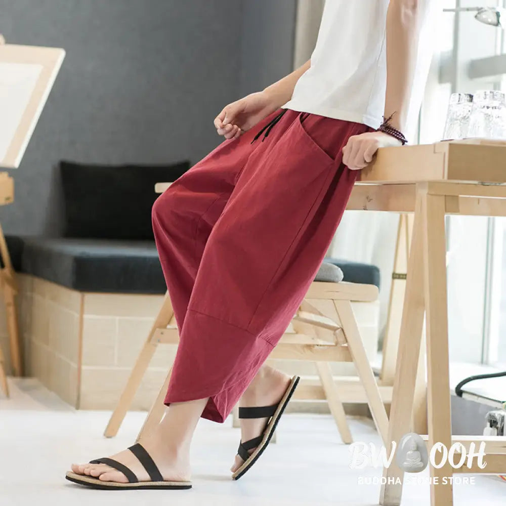 Buddha Stones Summer Men’s Solid Color 7-8 Length Cotton Linen Drawstring Pants With Pockets - Men’s Pants