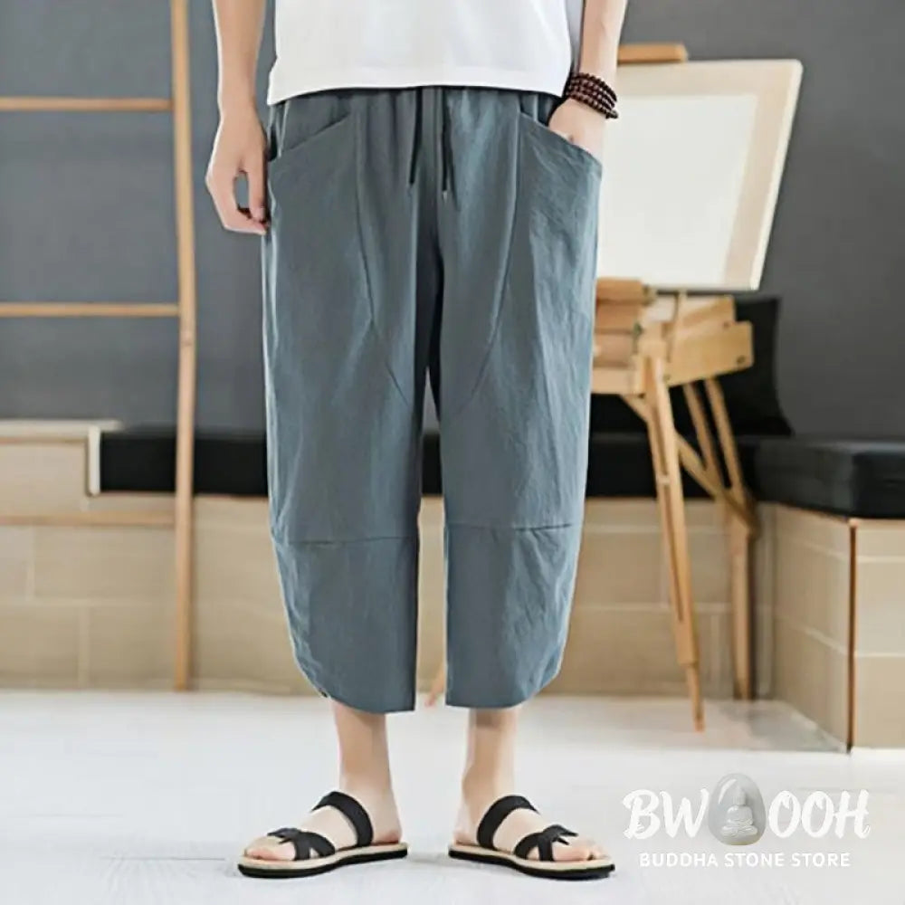 Buddha Stones Summer Men’s Solid Color 7-8 Length Cotton Linen Drawstring Pants With Pockets - Men’s Pants