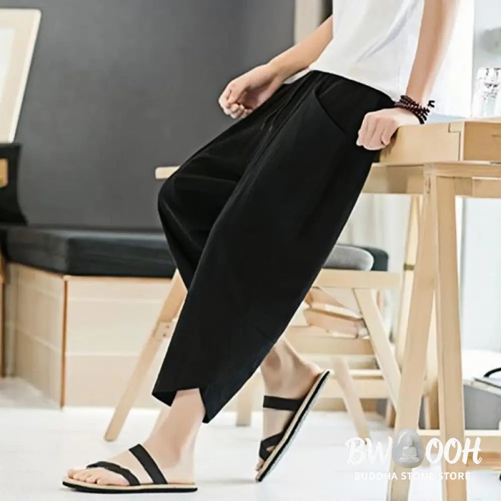 Buddha Stones Summer Men’s Solid Color 7-8 Length Cotton Linen Drawstring Pants With Pockets - Men’s Pants