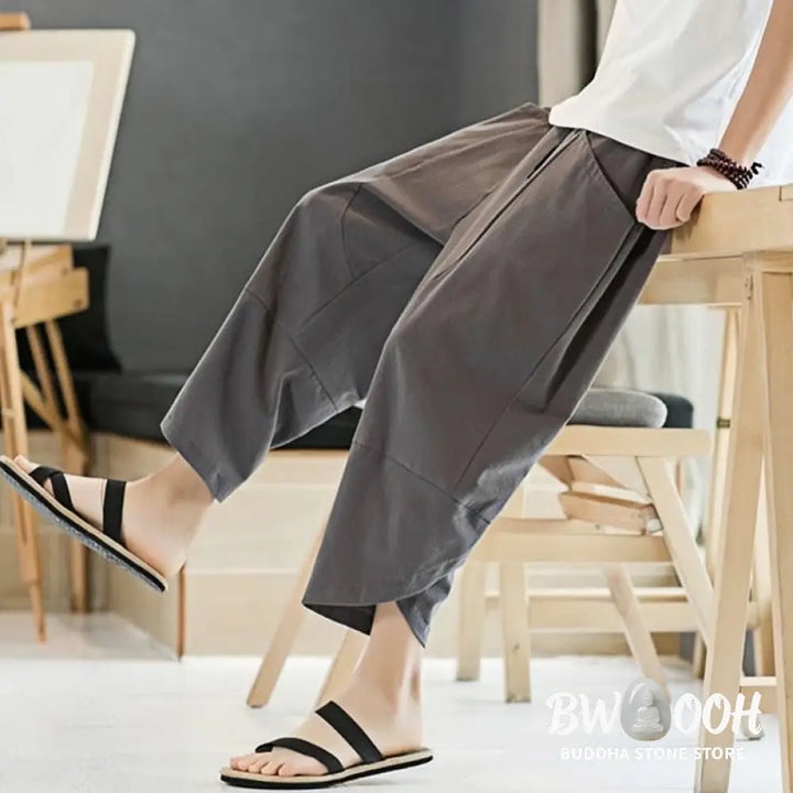 Buddha Stones Summer Men’s Solid Color 7-8 Length Cotton Linen Drawstring Pants With Pockets - Men’s Pants