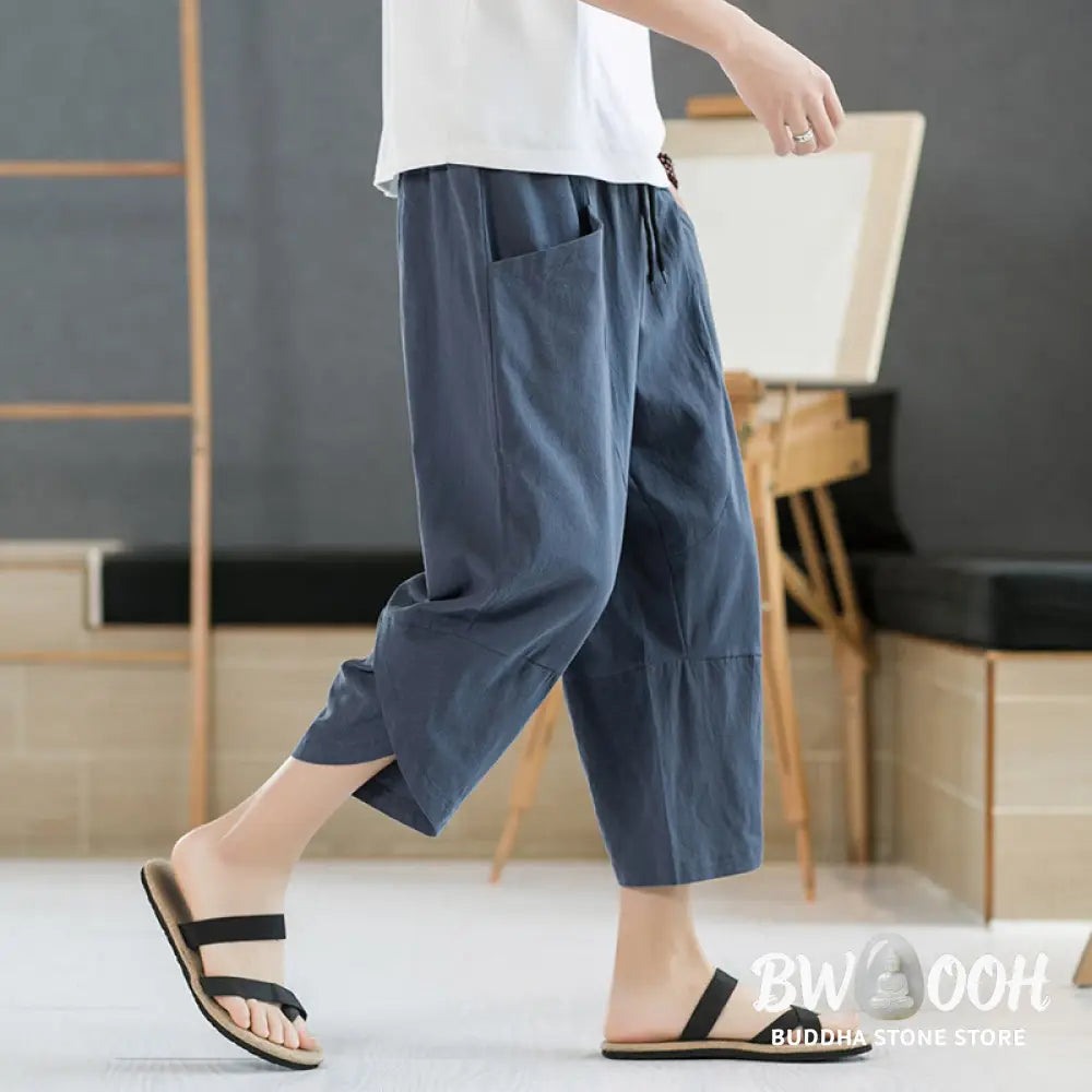 Buddha Stones Summer Men’s Solid Color 7-8 Length Cotton Linen Drawstring Pants With Pockets - Men’s Pants