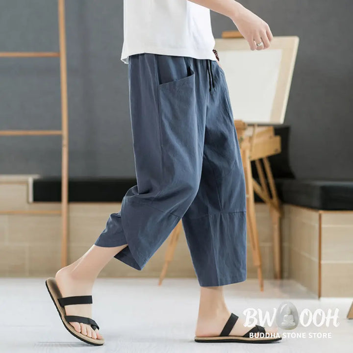 Buddha Stones Summer Men’s Solid Color 7-8 Length Cotton Linen Drawstring Pants With Pockets - Men’s Pants