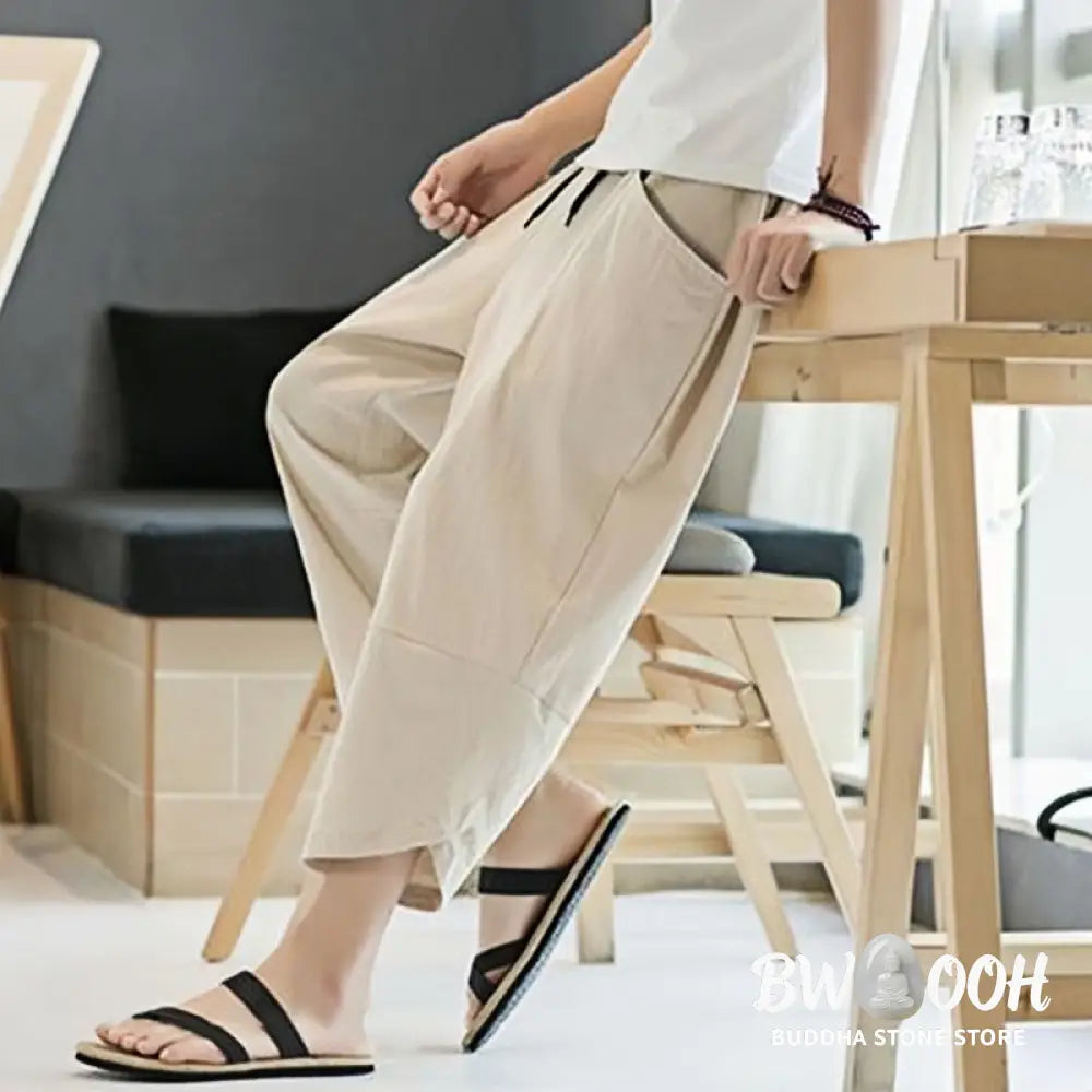 Buddha Stones Summer Men’s Solid Color 7-8 Length Cotton Linen Drawstring Pants With Pockets - Men’s Pants