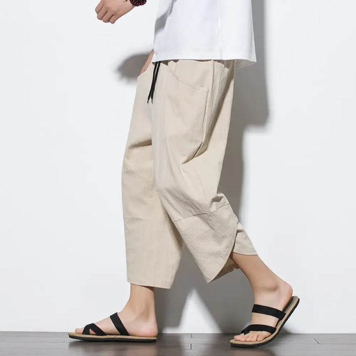 Buddha Stones Summer Men’s Solid Color 7-8 Length Cotton Linen Drawstring Pants With Pockets - Beige / US/UK/AU36，EU46