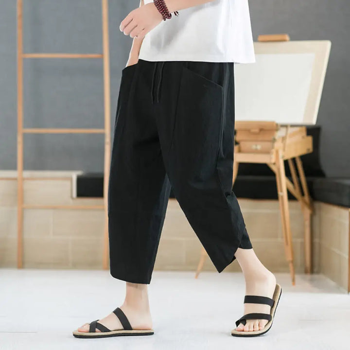 Buddha Stones Summer Men’s Solid Color 7-8 Length Cotton Linen Drawstring Pants With Pockets - Black / US/UK/AU36，EU46