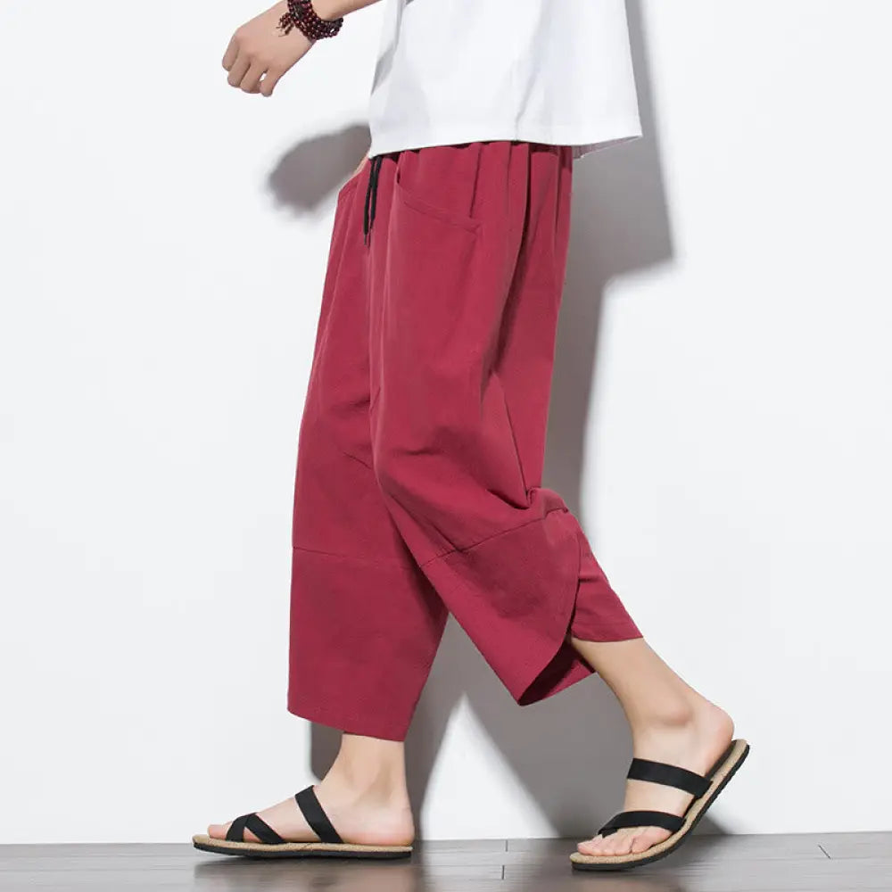 Buddha Stones Summer Men’s Solid Color 7-8 Length Cotton Linen Drawstring Pants With Pockets - Crimson