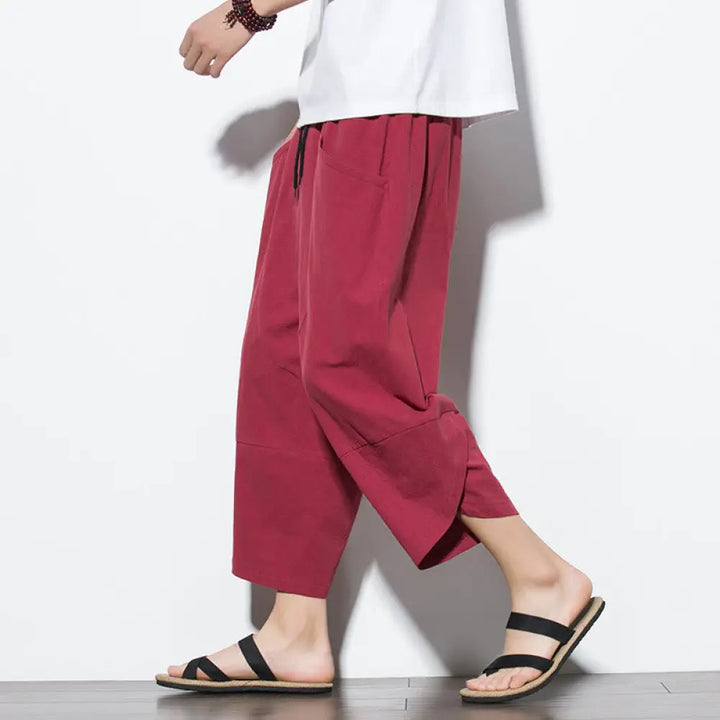 Buddha Stones Summer Men’s Solid Color 7-8 Length Cotton Linen Drawstring Pants With Pockets - Crimson
