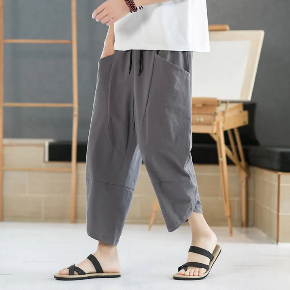 Buddha Stones Summer Men’s Solid Color 7-8 Length Cotton Linen Drawstring Pants With Pockets - Gray / US/UK/AU36，EU46