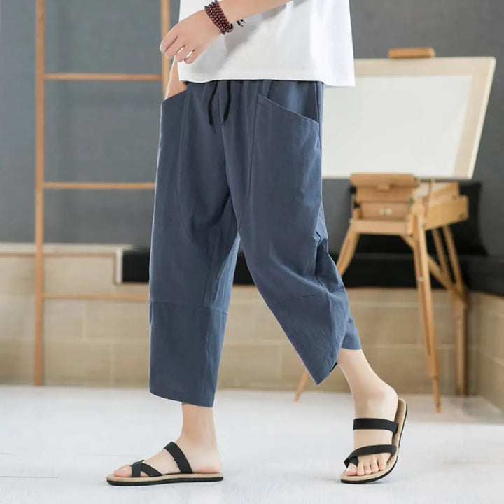 Buddha Stones Summer Men’s Solid Color 7-8 Length Cotton Linen Drawstring Pants With Pockets - LightSlateGray