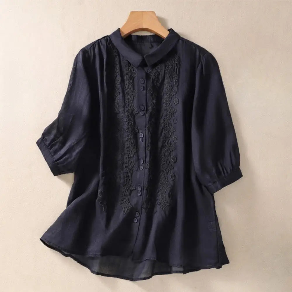 Buddha Stones Summer Plain Button Embroidery Flower Pattern Three Quarter Sleeve Lapel Cotton Linen Women’s Shirt