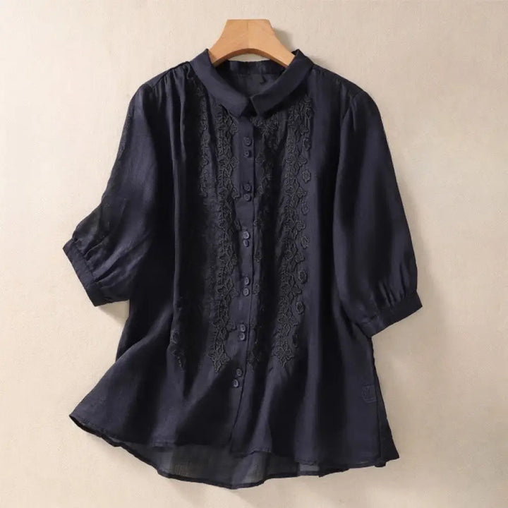 Buddha Stones Summer Plain Button Embroidery Flower Pattern Three Quarter Sleeve Lapel Cotton Linen Women’s Shirt