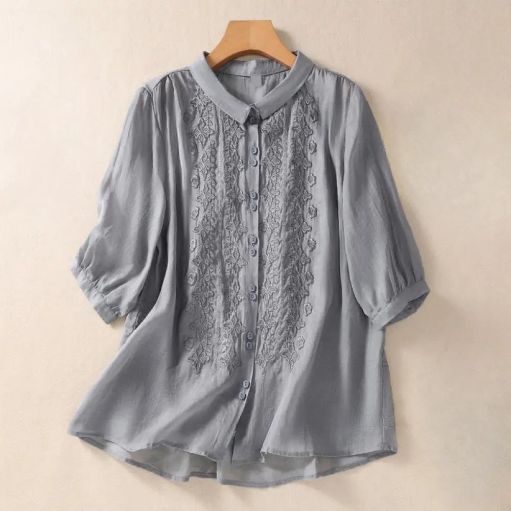 Buddha Stones Summer Plain Button Embroidery Flower Pattern Three Quarter Sleeve Lapel Cotton Linen Women’s Shirt