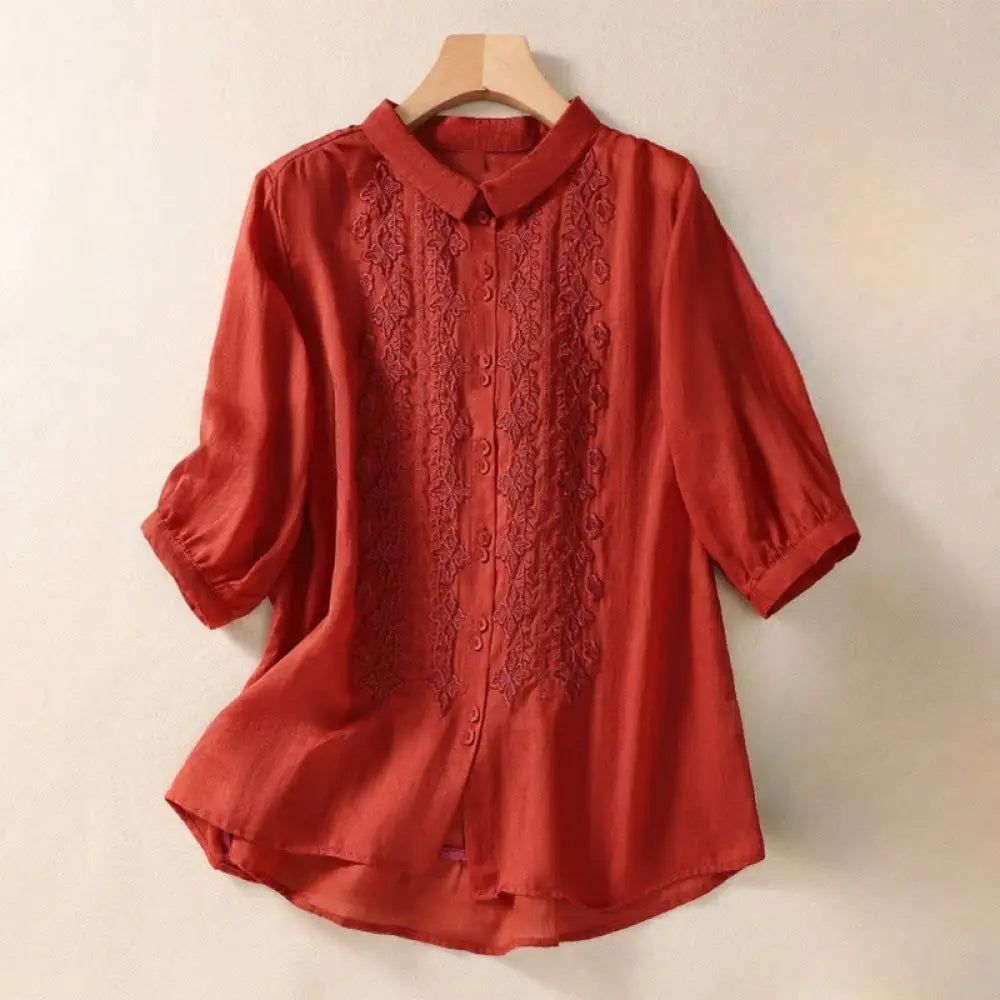 Buddha Stones Summer Plain Button Embroidery Flower Pattern Three Quarter Sleeve Lapel Cotton Linen Women’s Shirt - Red