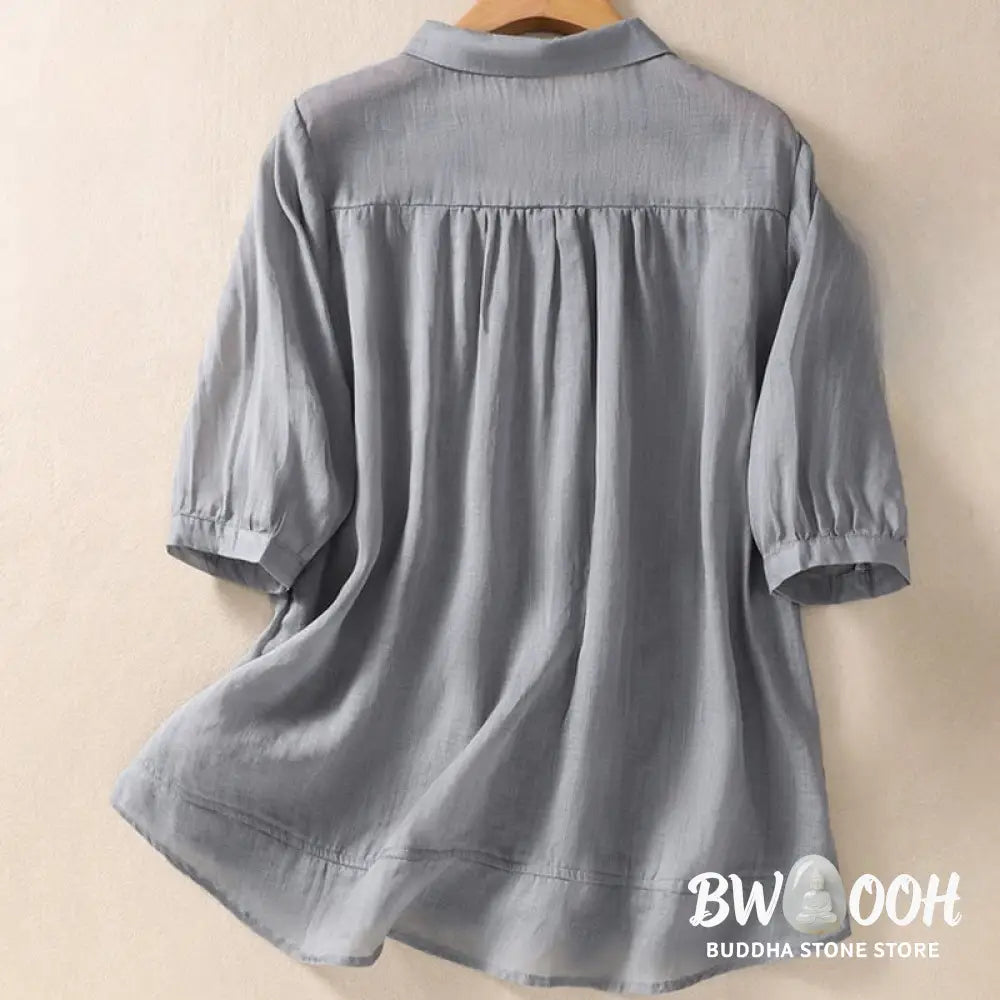Buddha Stones Summer Plain Button Embroidery Flower Pattern Three Quarter Sleeve Lapel Cotton Linen Women’s Shirt