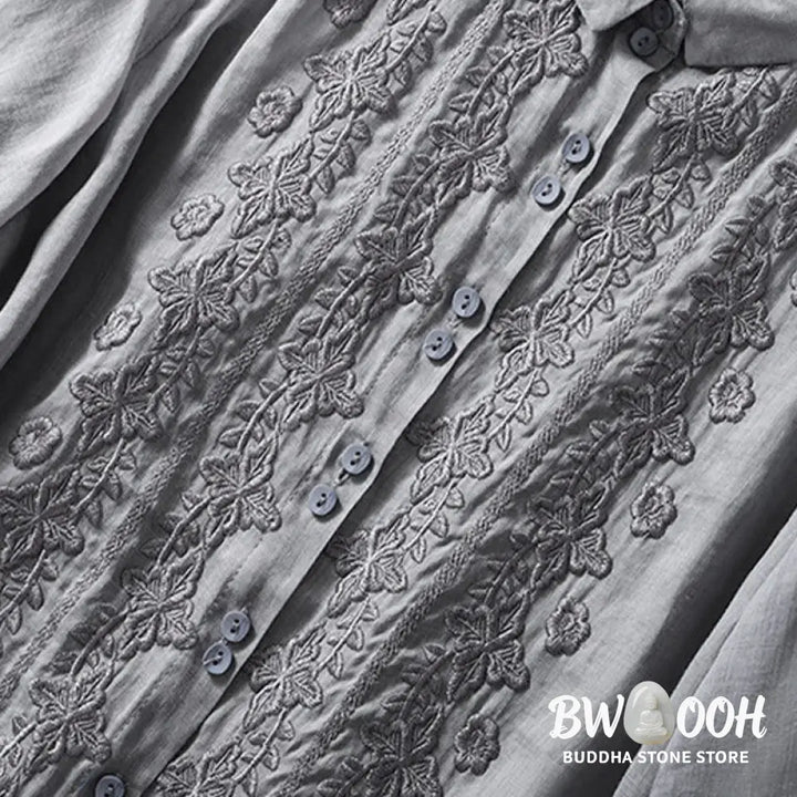 Buddha Stones Summer Plain Button Embroidery Flower Pattern Three Quarter Sleeve Lapel Cotton Linen Women’s Shirt