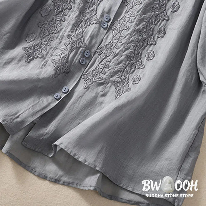 Buddha Stones Summer Plain Button Embroidery Flower Pattern Three Quarter Sleeve Lapel Cotton Linen Women’s Shirt
