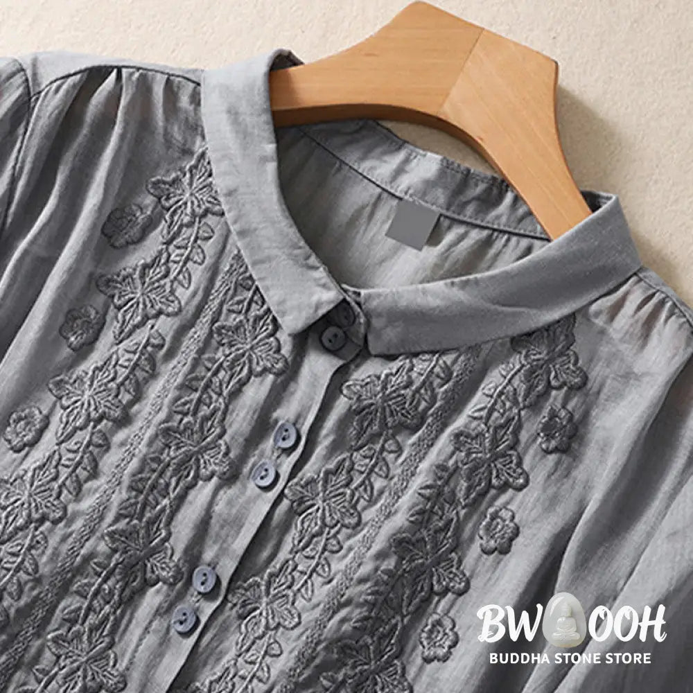 Buddha Stones Summer Plain Button Embroidery Flower Pattern Three Quarter Sleeve Lapel Cotton Linen Women’s Shirt