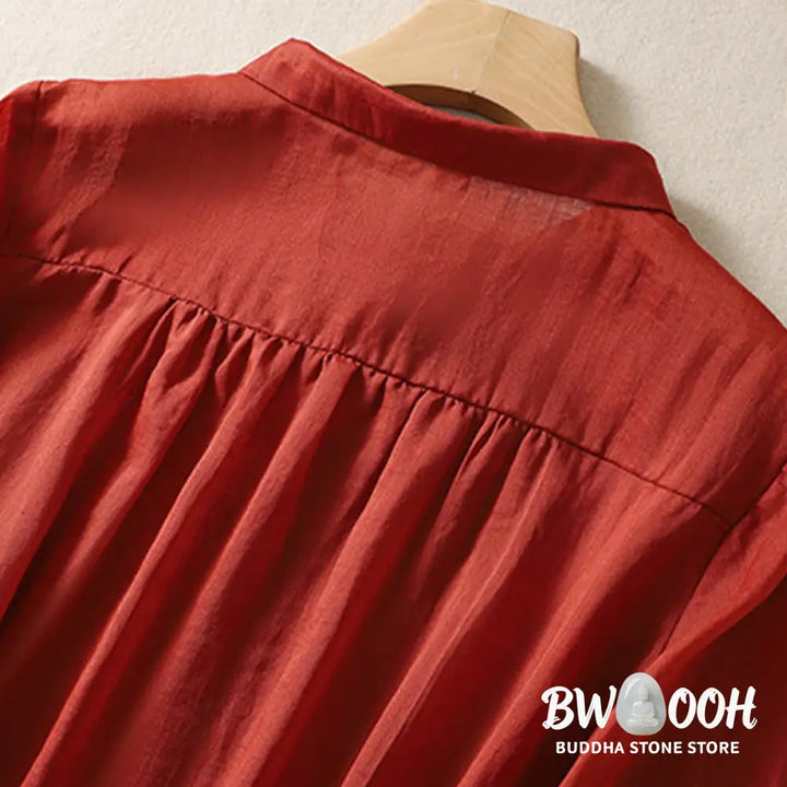 Buddha Stones Summer Plain Button Embroidery Flower Pattern Three Quarter Sleeve Lapel Cotton Linen Women’s Shirt