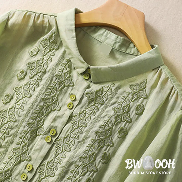 Buddha Stones Summer Plain Button Embroidery Flower Pattern Three Quarter Sleeve Lapel Cotton Linen Women’s Shirt