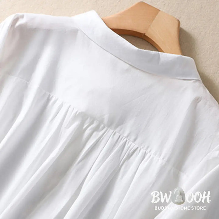 Buddha Stones Summer Plain Button Embroidery Flower Pattern Three Quarter Sleeve Lapel Cotton Linen Women’s Shirt