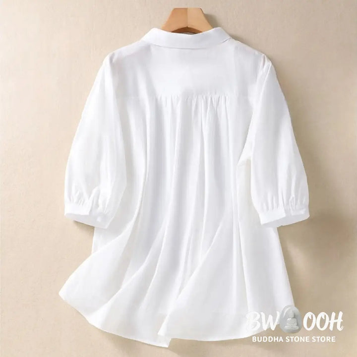 Buddha Stones Summer Plain Button Embroidery Flower Pattern Three Quarter Sleeve Lapel Cotton Linen Women’s Shirt